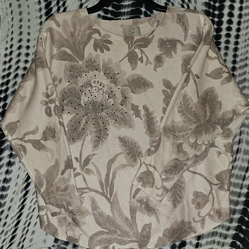 EUC Sioni Lightweight Taupe Floral Women's Sweater With Rhinestone Detail